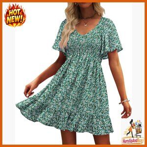Floral Smocked V-Neck Flutter Sleeve Sundress with Pockets Loose Fit A-Line
